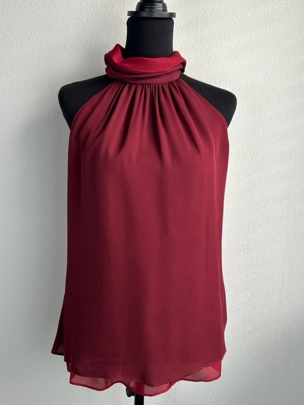 White House Black Market Sleeveless High-Neck Halter Burgundy Silk Top